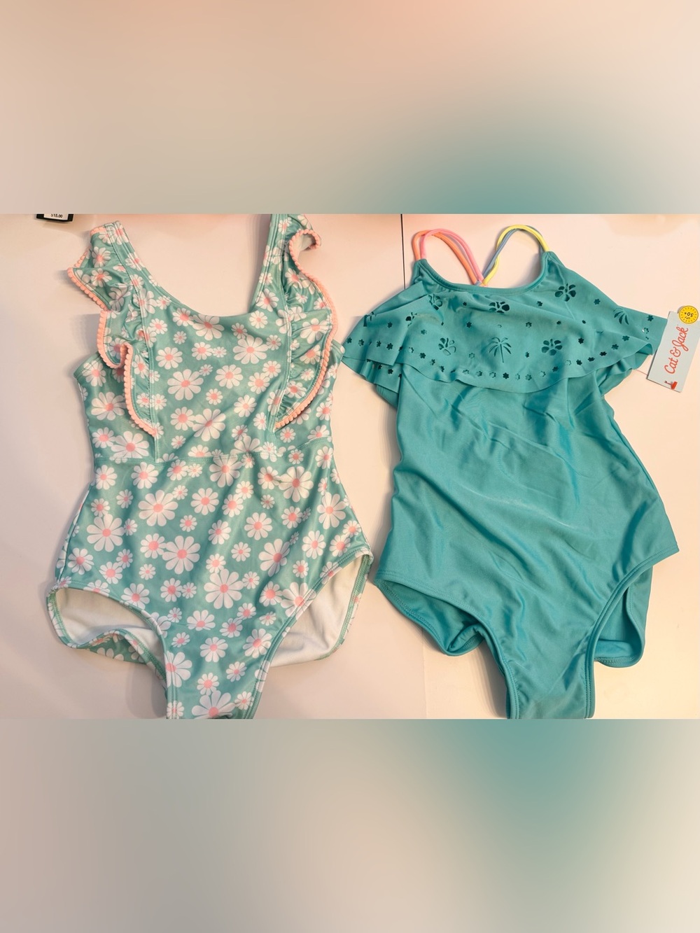 Cat & Jack Mint Floral and Solid Ruffle One-Piece Swimsuits